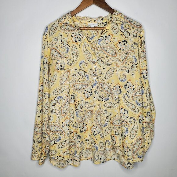 J Jill Womens Yellow Paisley Button Front Blouse Size L Collared Career Office - Picture 1 of 10
